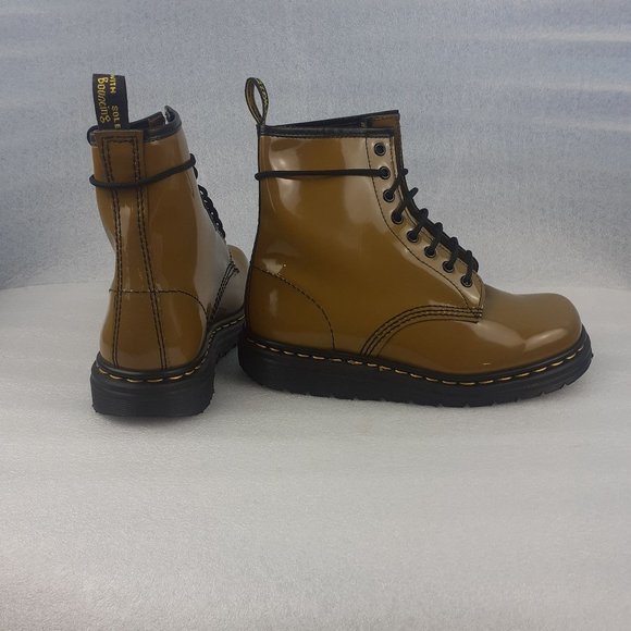 Mustard Yellow Docs, Dr. Martens PATENT LEATHER WATERPROOF Boot Made in England - Picture 1 of 9